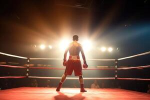 espalda ver de profesional Boxer. anillo partido con Mancha Encendiendo. generativo ai foto