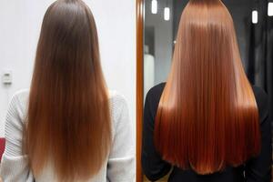 mujer antes de y después pelo tratamiento. enfermo, cortar y sano pelo cuidado enderezar generativo ai foto