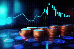 Coins background with a finance graph. Showcasing growth and success in the market. photo