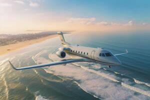 Business jet fly over the beach. Travel concept with aircraft. Generative AI photo