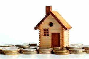 Small house and stack of coins on white background. Concept of investment property. Generative AI photo