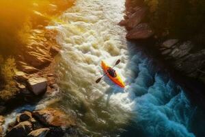 Aerial top view of extreme sport. Kayak sails mountain river. Rafting, kayaking. Generative AI photo