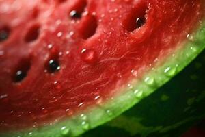 Close up of fresh slice red watermelon. Food background. Red surface with black seeds. Generative AI photo