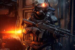 Warrior in body armor and with a machine gun. Man in an modern armor. photo
