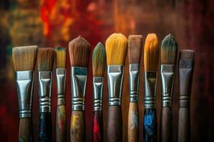 Row of used paintbrushes closeup on wooden background. Brushes with colorful paints. Generative AI photo