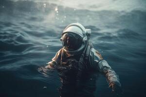An astronaut is floating in the ocean. Spaceman in the underwater. photo