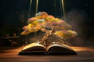 misterio libro desde cuales emerge un mágico árbol con destellos y arco iris detrás. generativo ai foto