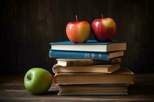 pizarra con libros y manzanas en de madera escritorio. espalda a colegio concepto. generativo ai foto