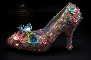 Womens high heeled slipper. Cinderellas slipper made crystal glass and diamonds. photo