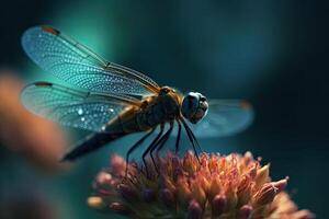 un macro Disparo de un libélula con delicado transparente alas en un flor. generativo ai foto