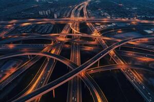 Expressway top view. Aerial view of highway multilevel junction interchange road. photo