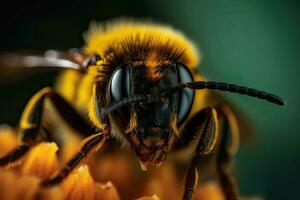 The bee with the pollen on its head and legs. A striking macro shot. Generative AI photo