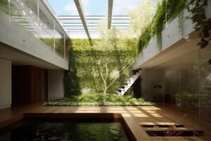 Living walls, roof gardens, sunrooms and spaces that transition from interior to exterior. Generative AI photo