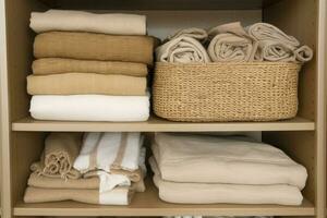 Bed linens closet arrangement on shelves. Minimalist comfortable storage. Generative AI photo
