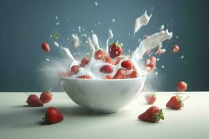 Splash of tasty yogurt and fresh strawberries on dark background. Generative AI photo