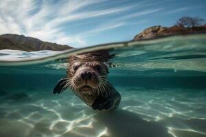A cute sea otter swimming underwater. Waves on a sandy beach above water. Generative AI photo