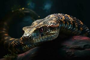 Ancient reptile with red eyes. Dangerous poisonous exotic snake. Generative AI photo