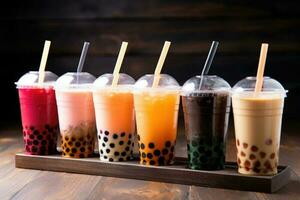 Plastic cups of different tasty bubble tea. Row of fresh boba bubble tea glasses. Generative AI photo