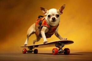 Dog riding very fast with speed a skateboard as skater. Generative AI photo