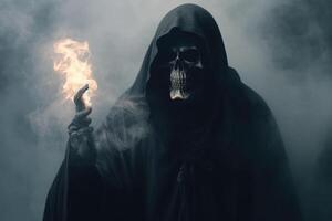 Grim reaper emerging from smoke. Horror and Halloween concept. Generative AI photo