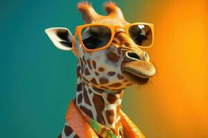 Portrait of a funny giraffe with modern sunglasses over colorful background. Generative AI photo