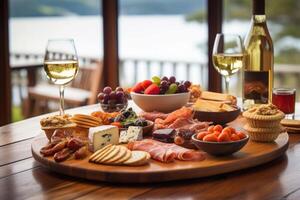 comida y vino surtido. queso, uva, carne y frutas en el de madera escritorio. generativo ai foto