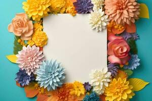 Colorful flowers background with white sheet of paper. Frame in flowers. Mockup. Generative AI photo