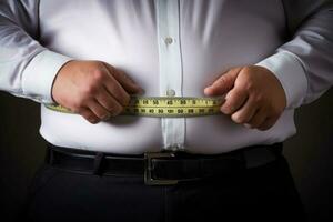 un grasa hombre en un camisa es medición su cintura con un medición cinta. generativo ai foto