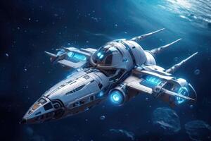 A futuristic intergalactic spaceship on the background of a blue planet. photo