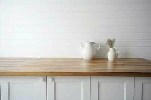 Empty wooden table and blurred white kitchen wall background. Generative AI photo