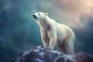 A white bear stands on a snowy mountain top. Animal portrait. Generative AI photo