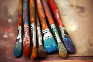 Row of used paintbrushes closeup on wooden background. Brushes with colorful paints. Generative AI photo