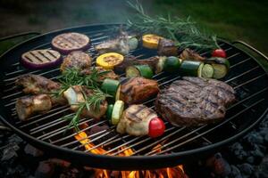 Assorted grilled meat with vegetables on barbecue grill with smoke and flames. Generative AI photo