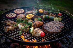Assorted grilled meat with vegetables on barbecue grill with smoke and flames. photo