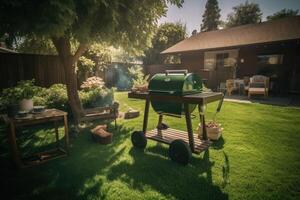 Outdoor dining table and barbeque grill in the back yard of a house. photo