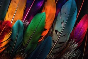Colorful feathers background. Feather pattern. Collage print with feather texture. photo