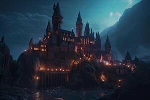 Mysterious castle at rainy night. An imposing medieval castle set in fantasy landscapes or on a mountain top. photo