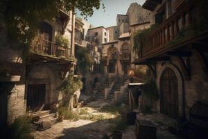 Medieval street in the fantasy town architecture. Dirty stony ground. photo