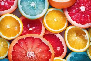 Fresh slices of different types of citrus orange, lime, lemon, grapefruit. photo