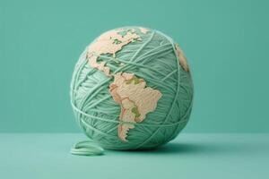 Soft Earth globe made of ball of yarn on pastel green background. photo