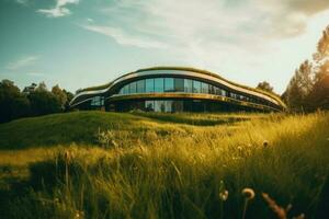 Modern architecture. Building with a grassy elements. An ecological village concept. Generative AI photo