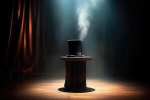 Magic show. Top hat on a table. Dark and mysterious atmosphere. Generative AI photo