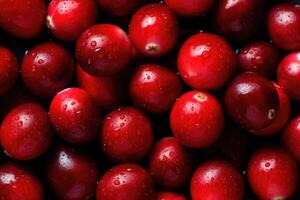 A lot of scattered cranberries. Fruit background. Generative AI photo