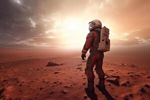 The astronaut in space suit walking on planet. Exploration of the planet's surface. photo