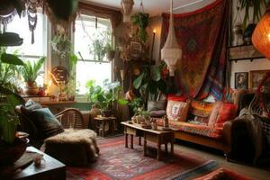 Ornate cozy bedroom in bohemian style. Pillows, plants in flower pot, sofa, carpets and decor on wall. Generative AI photo