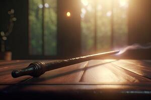 Magic wand with sparkle. Miracle magical stick wizard tool. photo