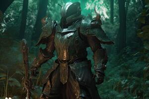 Fantasy knight with old armor in the ancient forest. photo