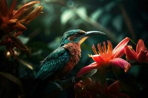 Colored tropical bird and beautiful surreal flowers. Generative AI photo