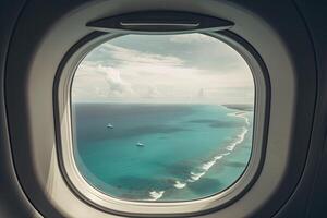 View of the beach and sea the airplane window. Travel and tourism concept. Generative AI photo