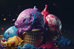 Ice cream with colorful toppings and pieces of sprinkles. Ice cream cone close-up. photo